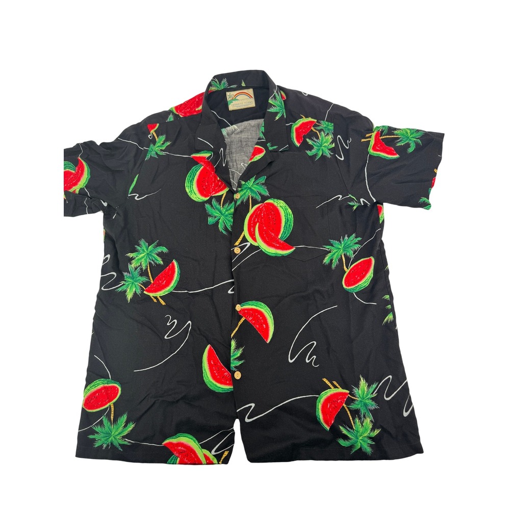 Paradise Found Hawaiian Shirt Mens M Black Watermelon Palm Tree Print Aloha VTG